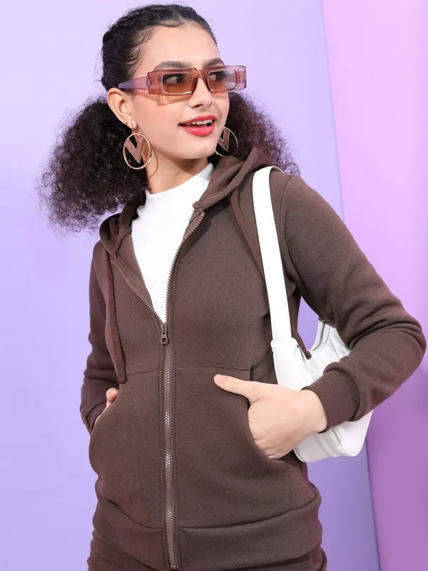  Tokyo Talkies Women Brown Solid Front-Open Hood Sweatshirts