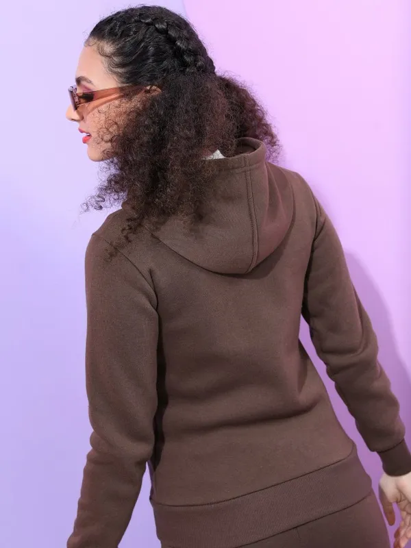  Tokyo Talkies Women Brown Solid Front-Open Hood Sweatshirts