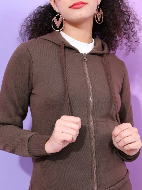  Tokyo Talkies Women Brown Solid Front-Open Hood Sweatshirts