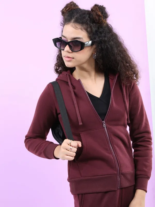  Tokyo Talkies Women Burgundy Solid Front-Open Hood Sweatshirts