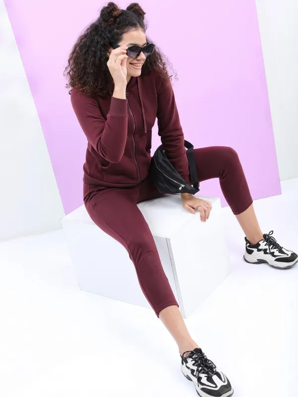  Tokyo Talkies Women Burgundy Solid Front-Open Hood Sweatshirts