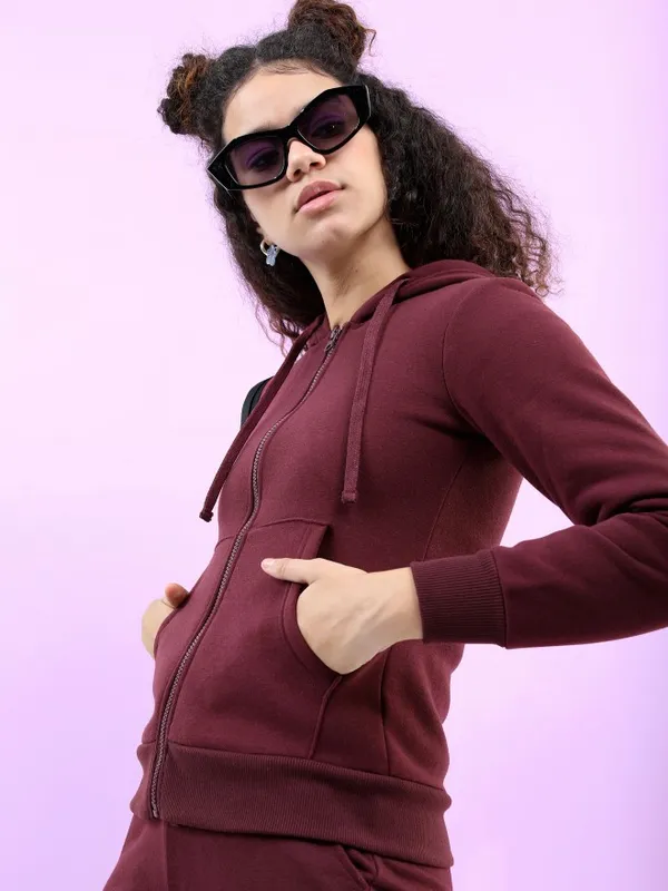 Tokyo Talkies Women Burgundy Solid Front-Open Hood Sweatshirts