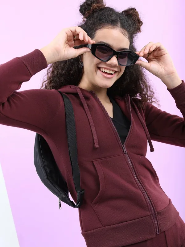  Tokyo Talkies Women Burgundy Solid Front-Open Hood Sweatshirts