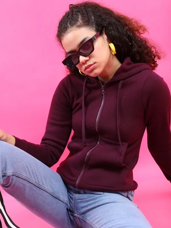  Tokyo Talkies Women Purple Solid Front-Open Hood Sweatshirts