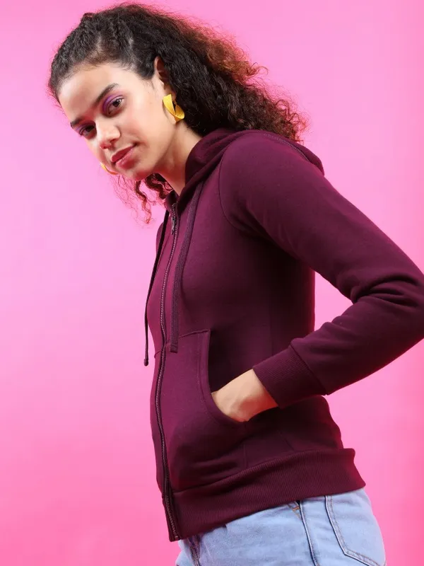  Tokyo Talkies Women Purple Solid Front-Open Hood Sweatshirts