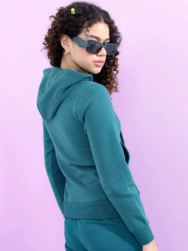  Tokyo Talkies Women Teal Solid Front-Open Hood Sweatshirts
