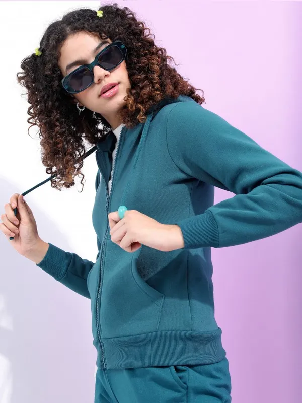  Tokyo Talkies Women Teal Solid Front-Open Hood Sweatshirts