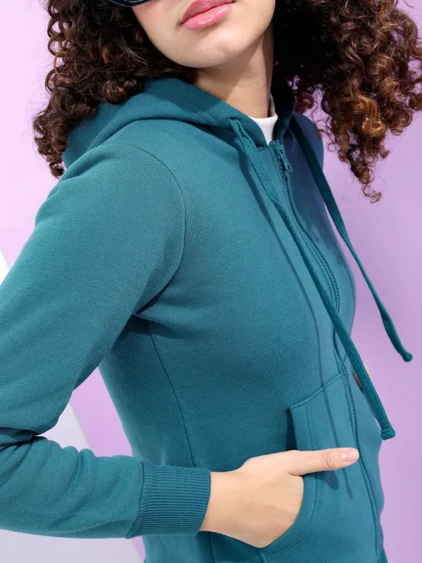  Tokyo Talkies Women Teal Solid Front-Open Hood Sweatshirts