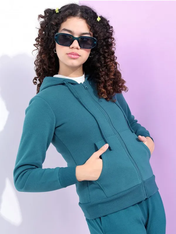  Tokyo Talkies Women Teal Solid Front-Open Hood Sweatshirts