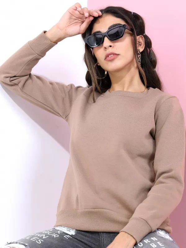  Tokyo Talkies Women Brown Solid Pullover Round Neck Sweatshirts