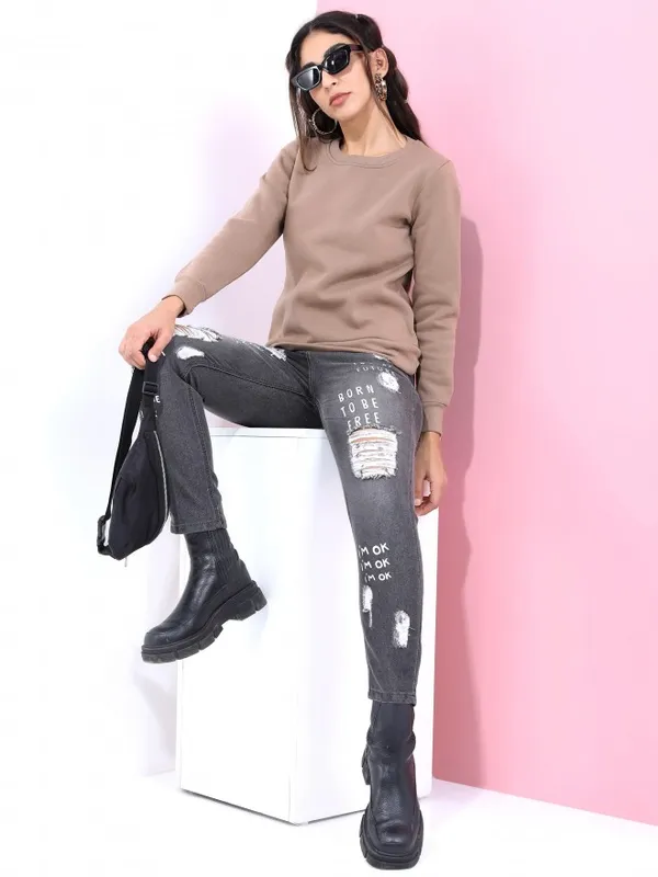  Tokyo Talkies Women Brown Solid Pullover Round Neck Sweatshirts