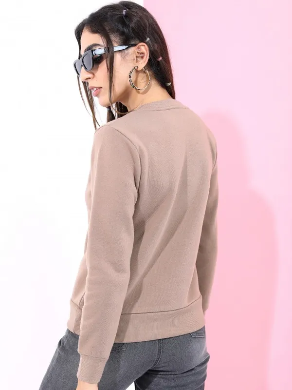  Tokyo Talkies Women Brown Solid Pullover Round Neck Sweatshirts