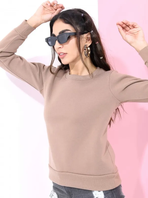  Tokyo Talkies Women Brown Solid Pullover Round Neck Sweatshirts
