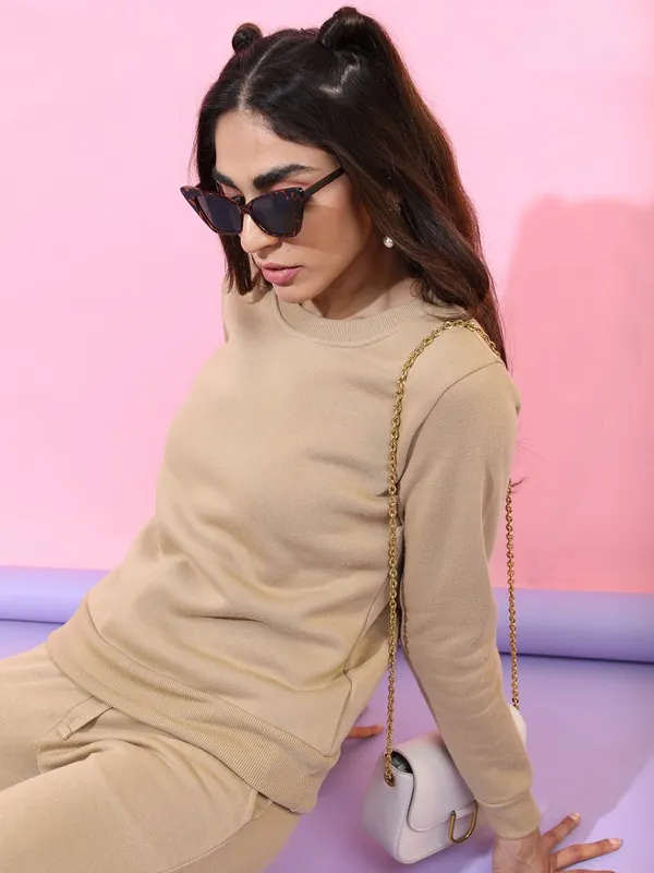  Tokyo Talkies Women Beige Solid Pullover Round Neck Sweatshirts