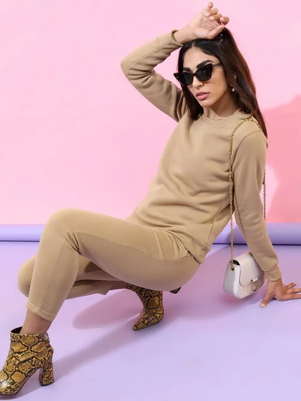  Tokyo Talkies Women Beige Solid Pullover Round Neck Sweatshirts
