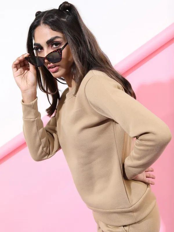  Tokyo Talkies Women Beige Solid Pullover Round Neck Sweatshirts