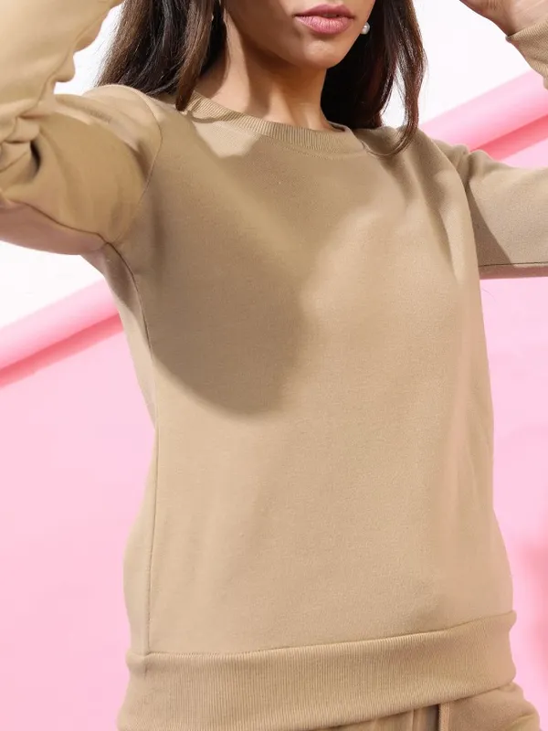  Tokyo Talkies Women Beige Solid Pullover Round Neck Sweatshirts