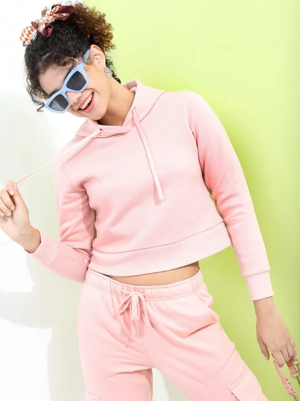  Tokyo Talkies Women Pink Solid Pullover Hood Sweatshirts