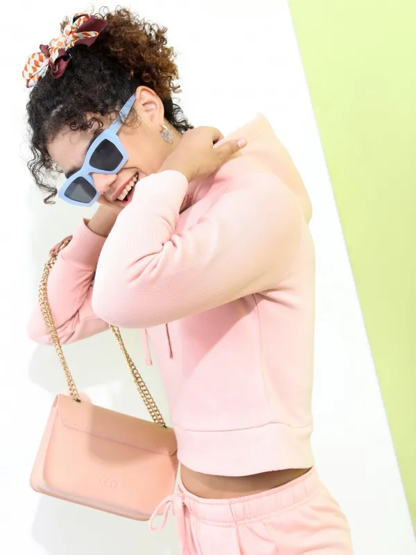  Tokyo Talkies Women Pink Solid Pullover Hood Sweatshirts