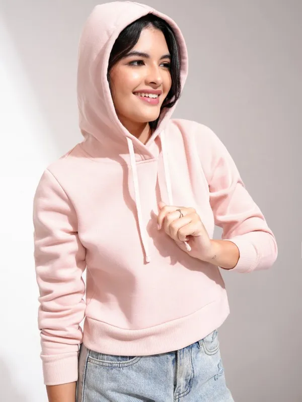  Tokyo Talkies Women Pink Solid Pullover Hood Sweatshirts