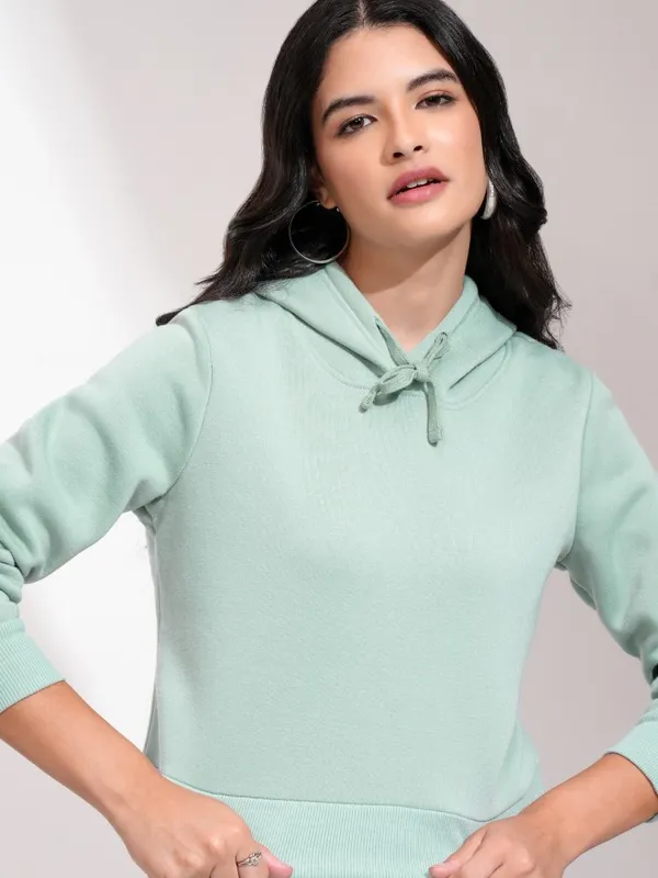  Tokyo Talkies Women Blue Solid Pullover Hood Sweatshirts