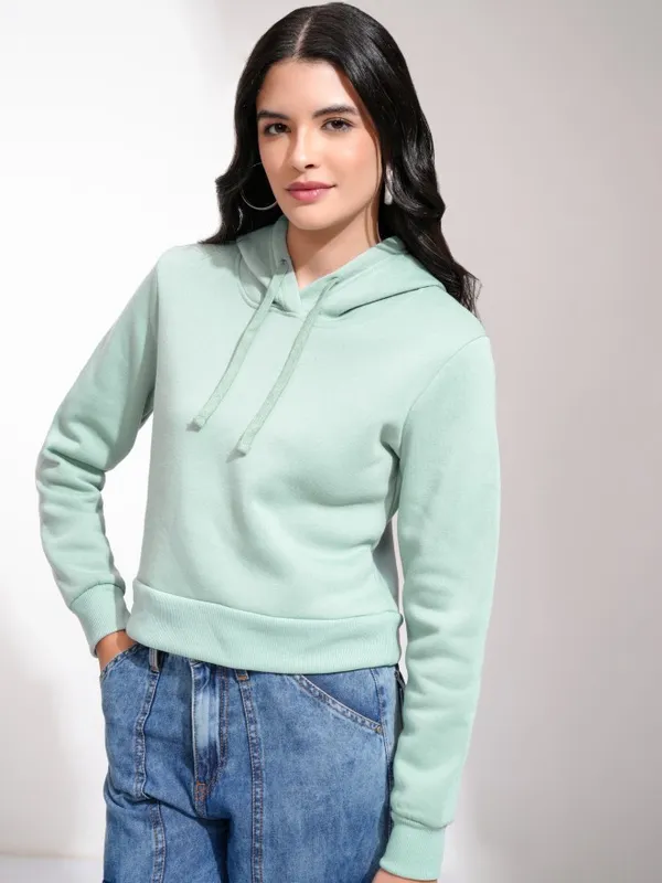  Tokyo Talkies Women Blue Solid Pullover Hood Sweatshirts