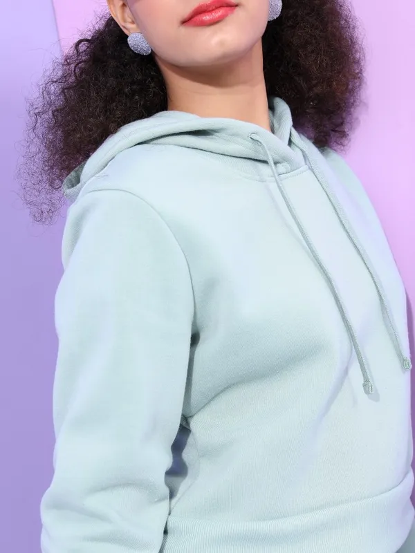  Tokyo Talkies Women Blue Solid Pullover Hood Sweatshirts