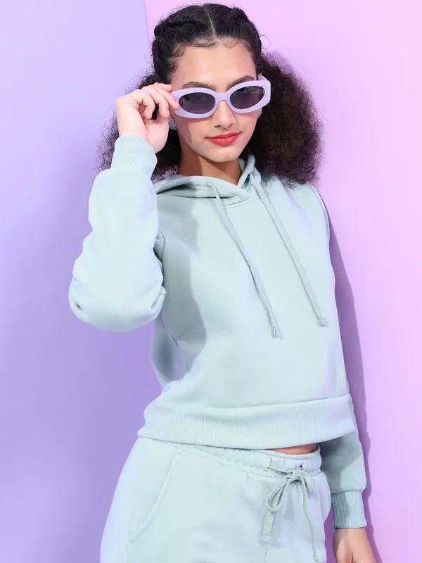  Tokyo Talkies Women Blue Solid Pullover Hood Sweatshirts