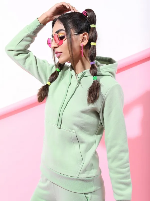  Tokyo Talkies Women Sage Solid Pullover Hood Sweatshirts