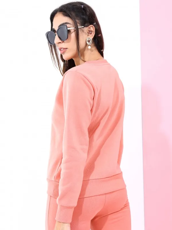  Tokyo Talkies Women Peach Solid Pullover Round Neck Sweatshirts