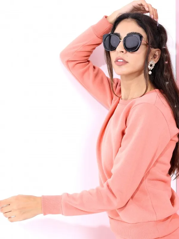  Tokyo Talkies Women Peach Solid Pullover Round Neck Sweatshirts