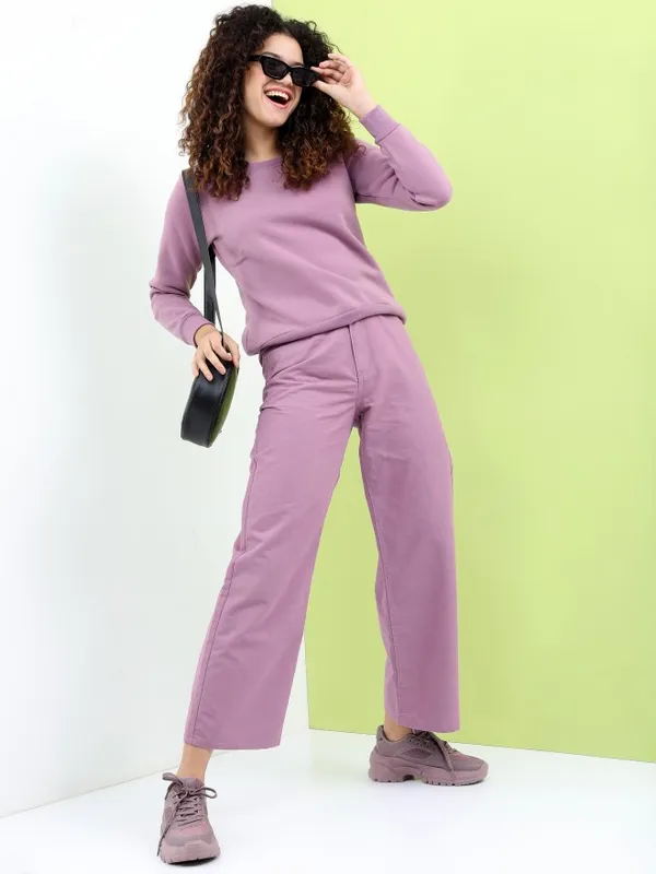 Tokyo Talkies Women Mauve Solid Pullover Round Neck Sweatshirts