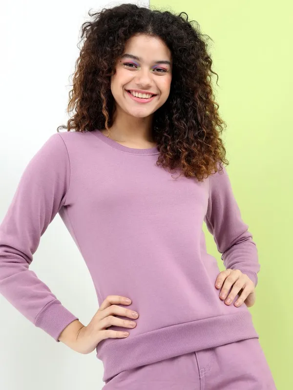  Tokyo Talkies Women Mauve Solid Pullover Round Neck Sweatshirts