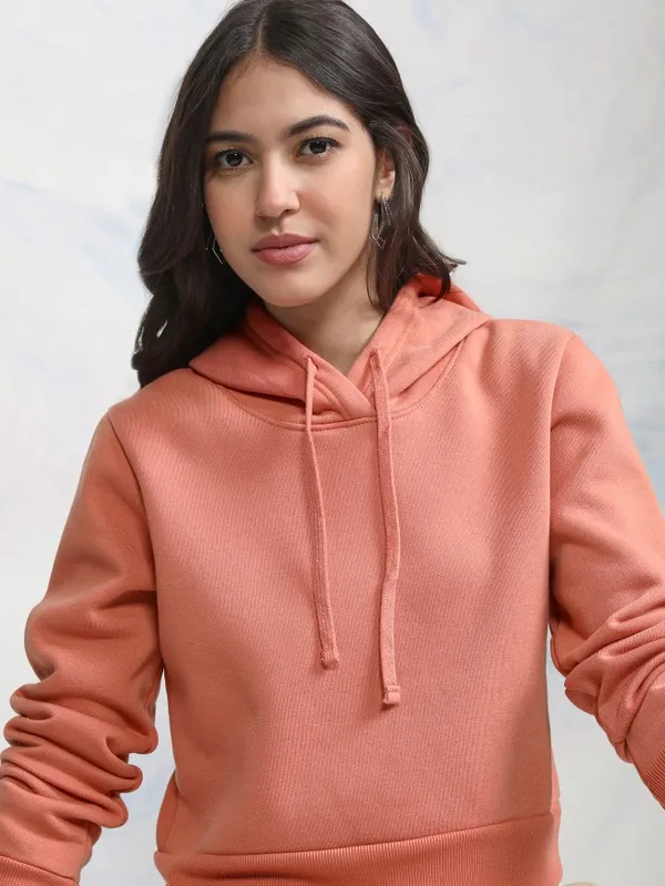  Tokyo Talkies Women Peach Solid Pullover Hood Sweatshirts