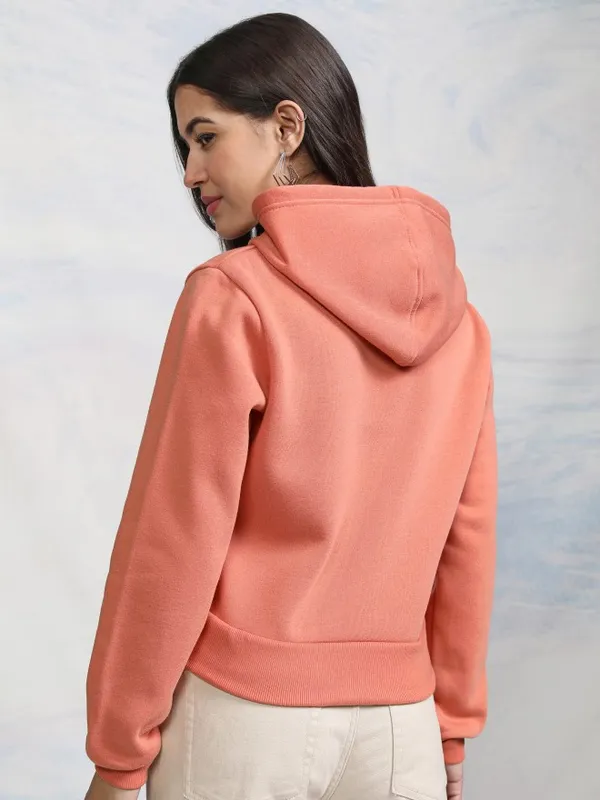  Tokyo Talkies Women Peach Solid Pullover Hood Sweatshirts