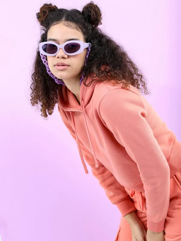  Tokyo Talkies Women Peach Solid Pullover Hood Sweatshirts