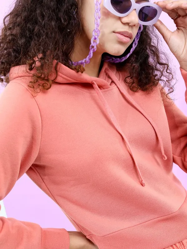  Tokyo Talkies Women Peach Solid Pullover Hood Sweatshirts