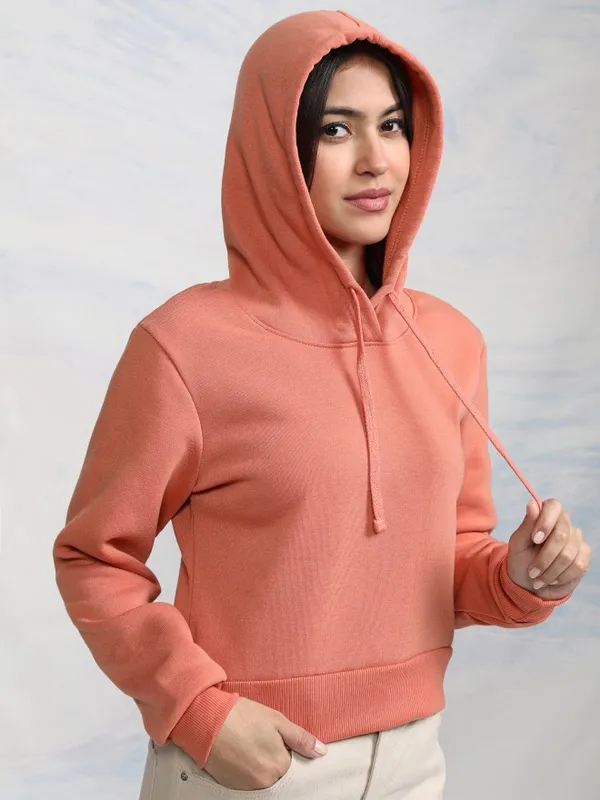  Tokyo Talkies Women Peach Solid Pullover Hood Sweatshirts