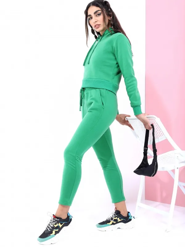  Tokyo Talkies Women Green Solid Pullover Hood Sweatshirts
