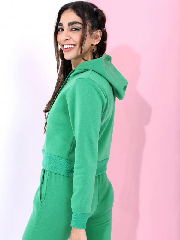  Tokyo Talkies Women Green Solid Pullover Hood Sweatshirts