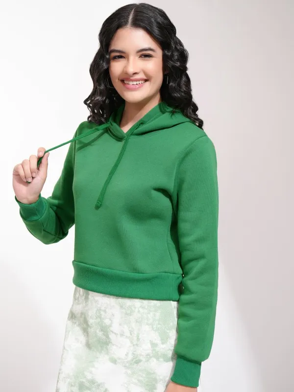  Tokyo Talkies Women Green Solid Pullover Hood Sweatshirts