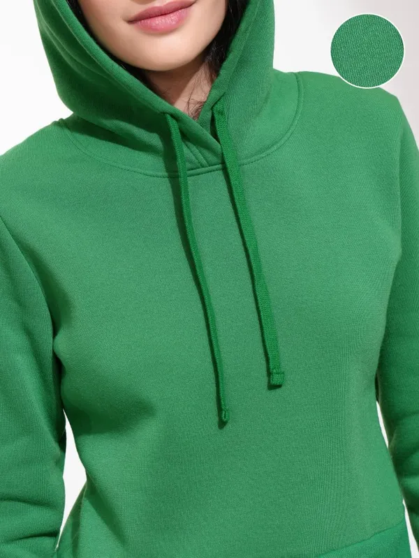  Tokyo Talkies Women Green Solid Pullover Hood Sweatshirts