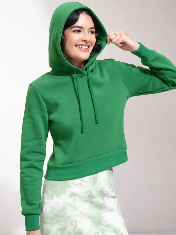  Tokyo Talkies Women Green Solid Pullover Hood Sweatshirts