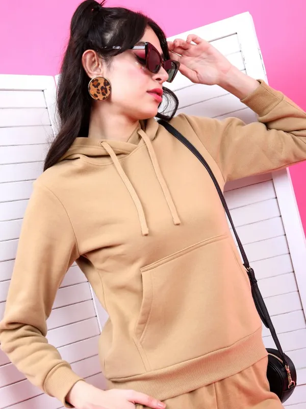  Tokyo Talkies Women Beige Solid Pullover Hood Sweatshirts