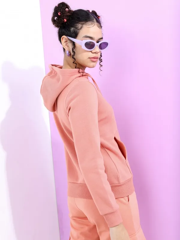  Tokyo Talkies Women Peach Solid Pullover Hood Sweatshirts