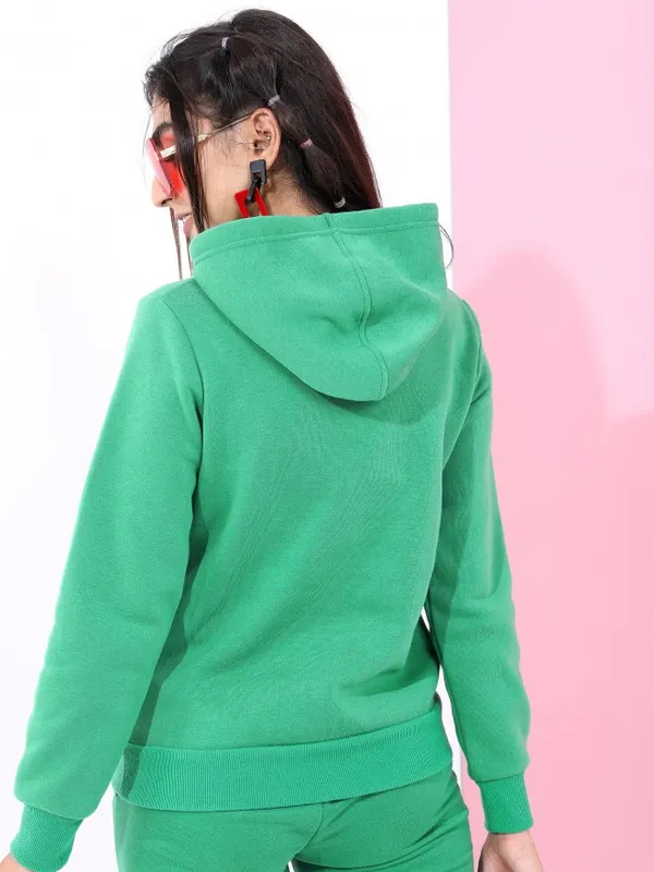  Tokyo Talkies Women Green Solid Pullover Hood Sweatshirts