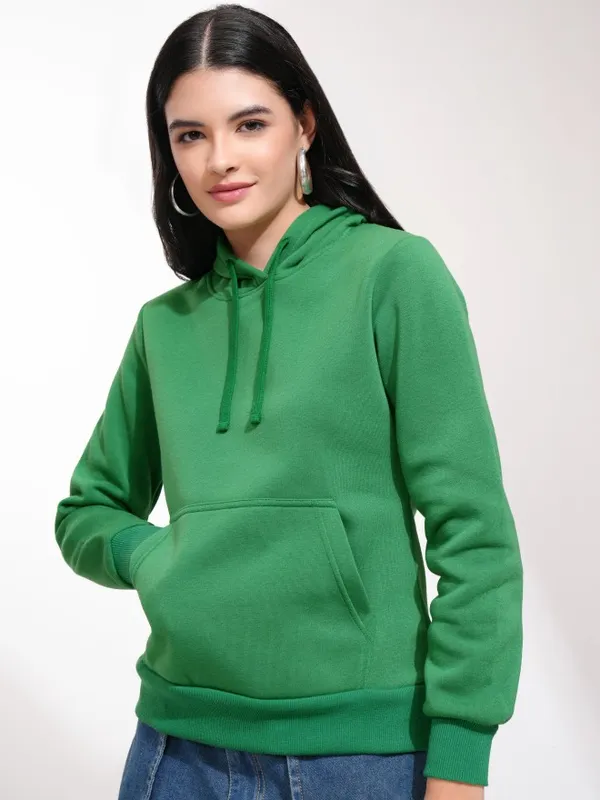  Tokyo Talkies Women Green Solid Pullover Hood Sweatshirts