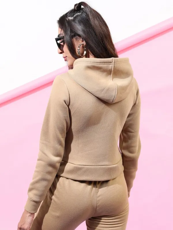  Tokyo Talkies Women Beige Solid Front-Open Hood Sweatshirts