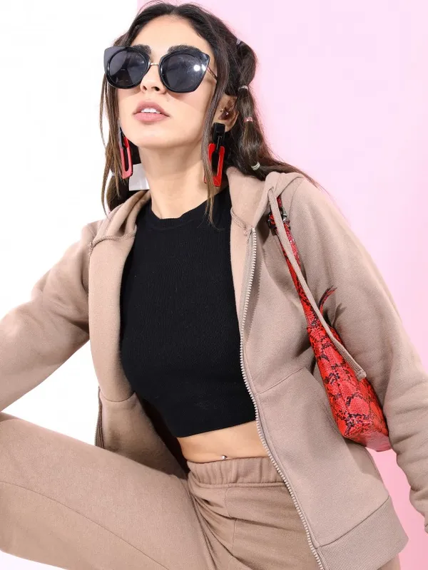  Tokyo Talkies Women Brown Solid Front-Open Hood Sweatshirts