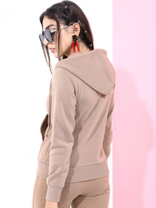  Tokyo Talkies Women Brown Solid Front-Open Hood Sweatshirts